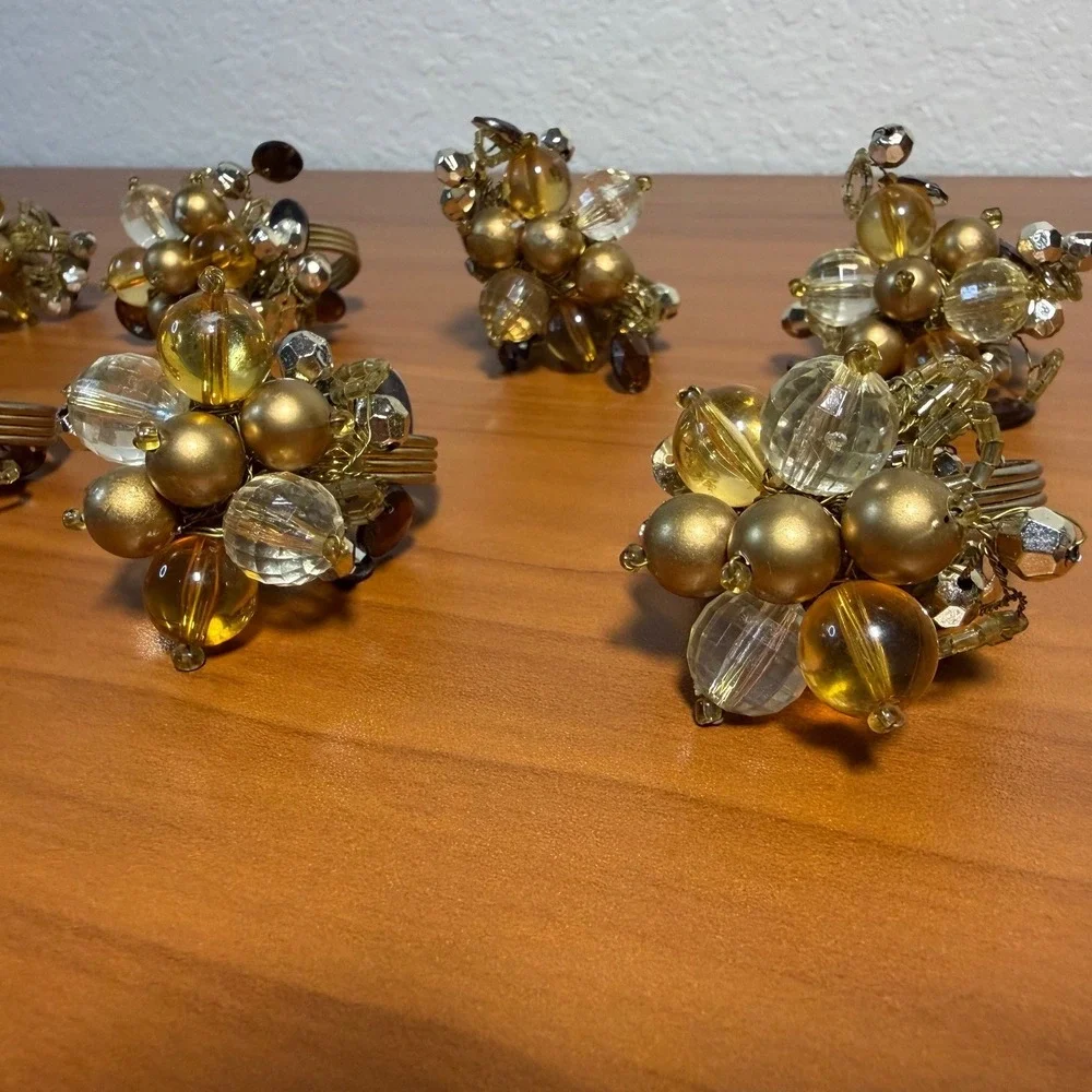 Set of 8 Beaded Napkin Rings Gold Amber Clear Glass Cluster Table Decor 1.5in